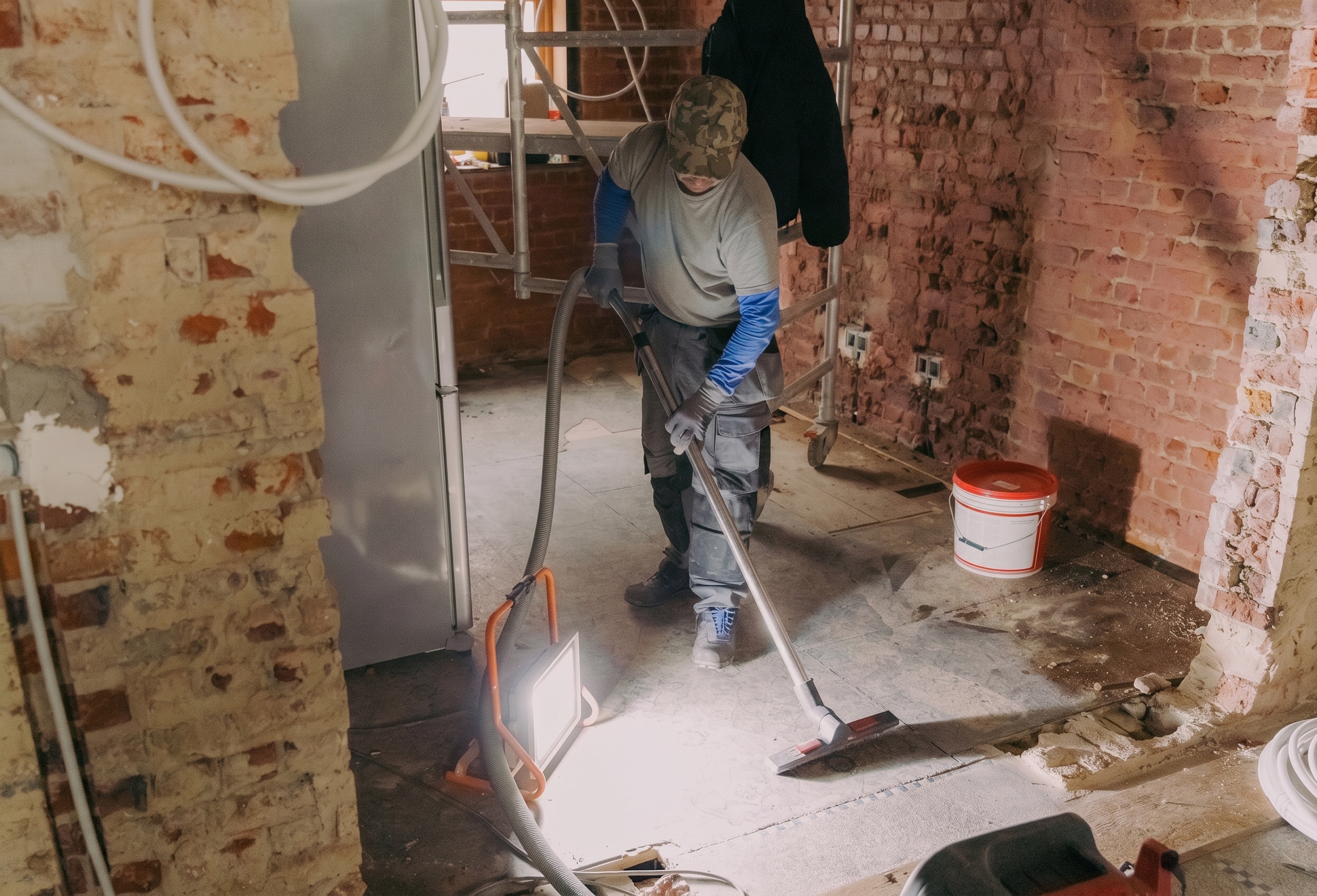 A newly finished commercial space being detail-cleaned, construction dust and debris being cleared.